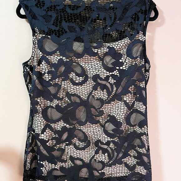 BLACK BEAUTIFUL LACE over beige cami sleeveless top elegant dramatic Size L EUC - Picture 7 of 7